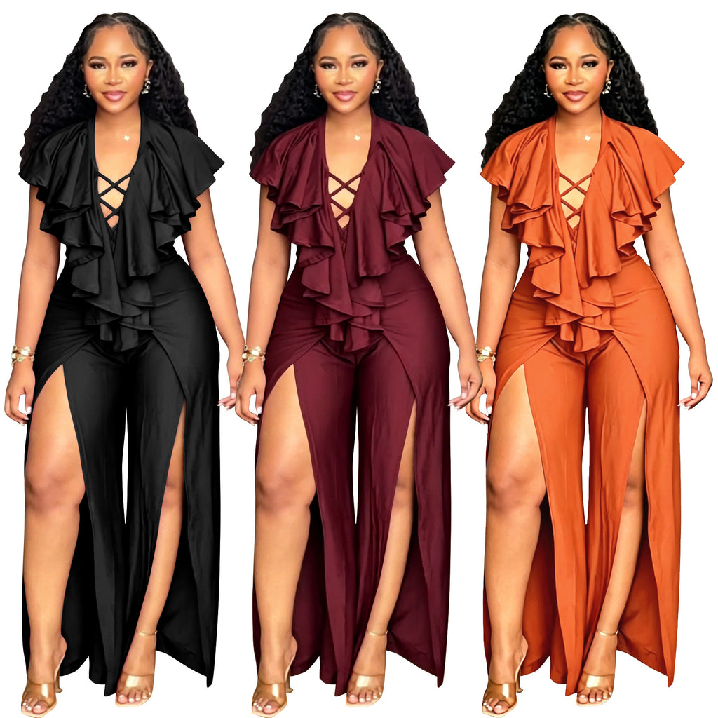 Womens Summer Ruffle-trimmed Wide-leg Split Jumpsuit