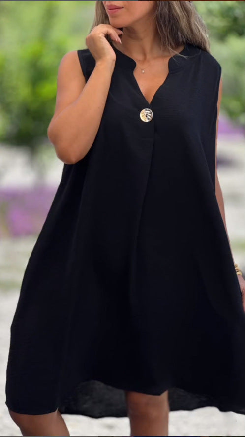 Womens Solid-Colored Sleeveless V-Neck Dress With Button Detailing