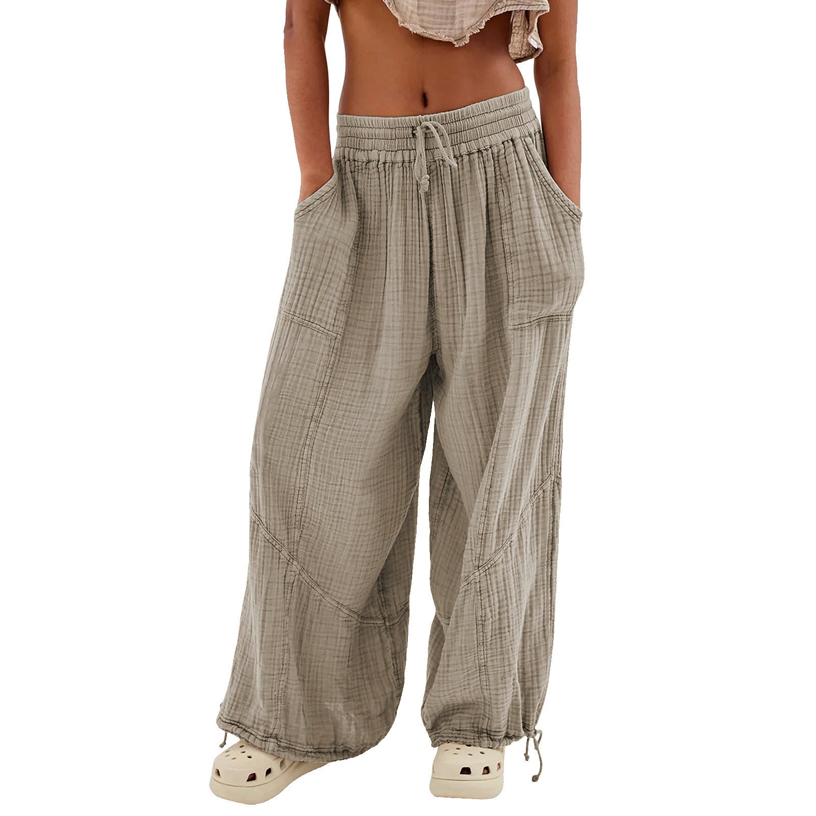 Fashionable Solid-Colored Wide-Leg Pants With Ties And Pockets Long Pants