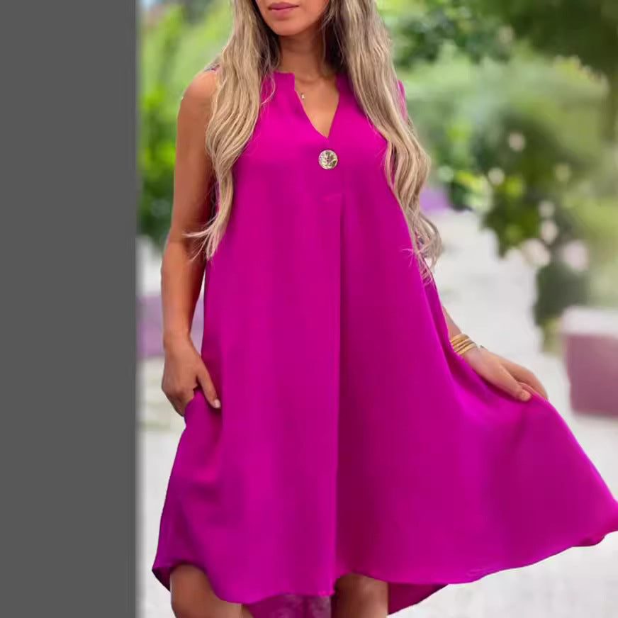 Womens Solid-Colored Sleeveless V-Neck Dress With Button Detailing