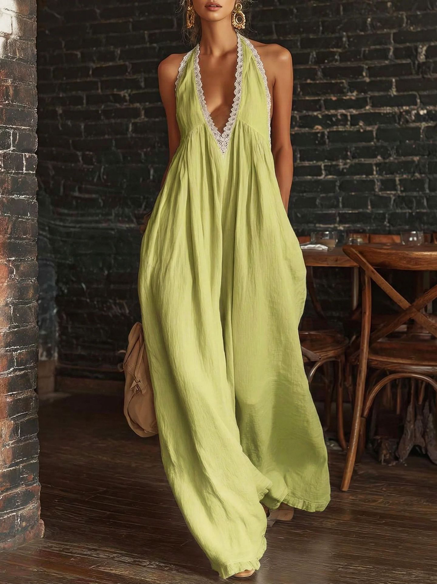 Casual And Comfortable Lace-trimmed Loose Linen Jumpsuit
