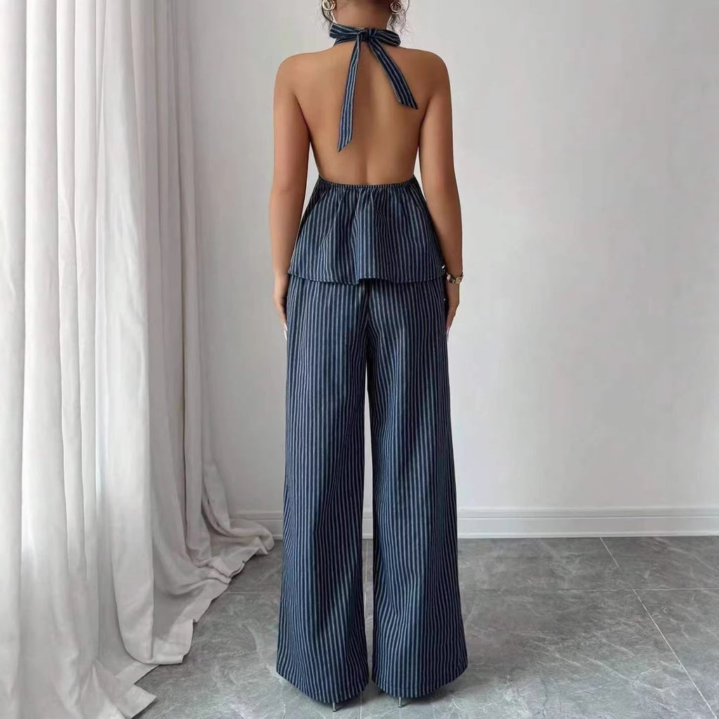 Sexy Backless Halter Jumpsuit And Straight Pants Fashionable Casual Set