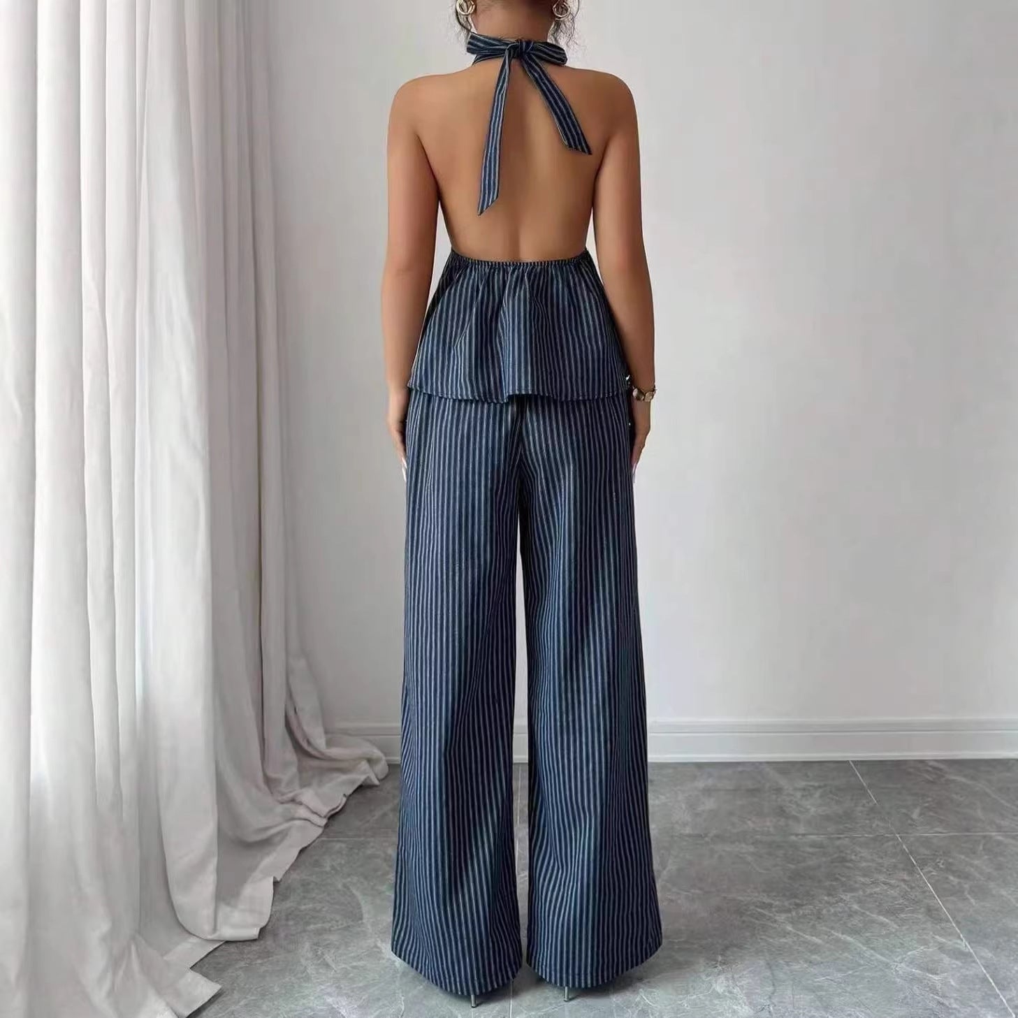 Sexy Backless Halter Jumpsuit And Straight Pants Fashionable Casual Set