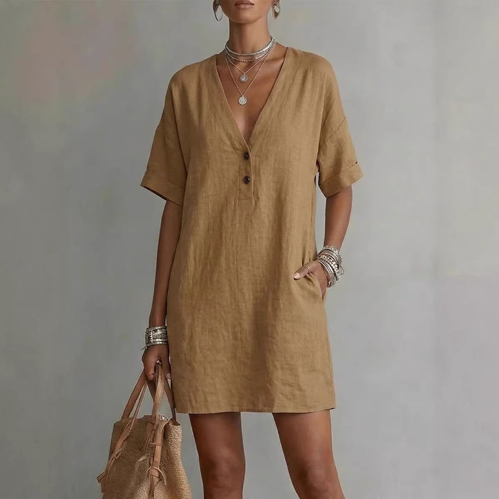 Casual Comfortable Cotton-Linen Pocket Dress With Buttons