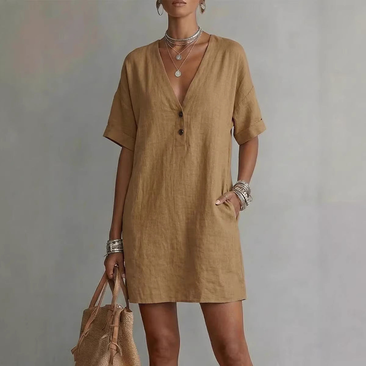 Casual Comfortable Cotton-Linen Pocket Dress With Buttons