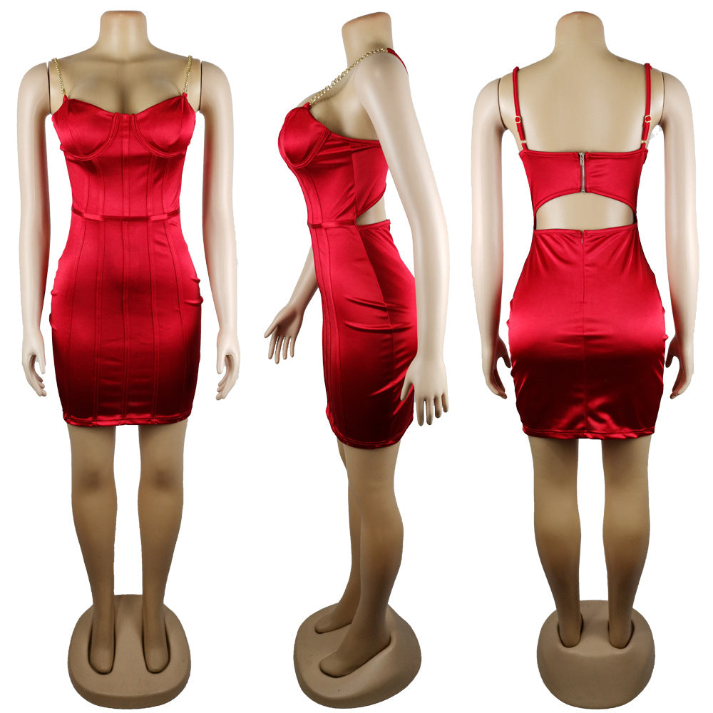 Satin dress with chain suspenders