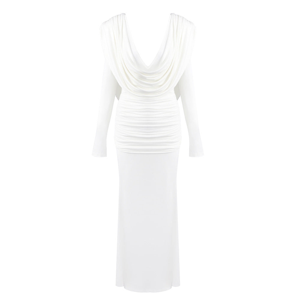 Pure White French Vintage Long Dress Deep V-Neck One-Piece Dress