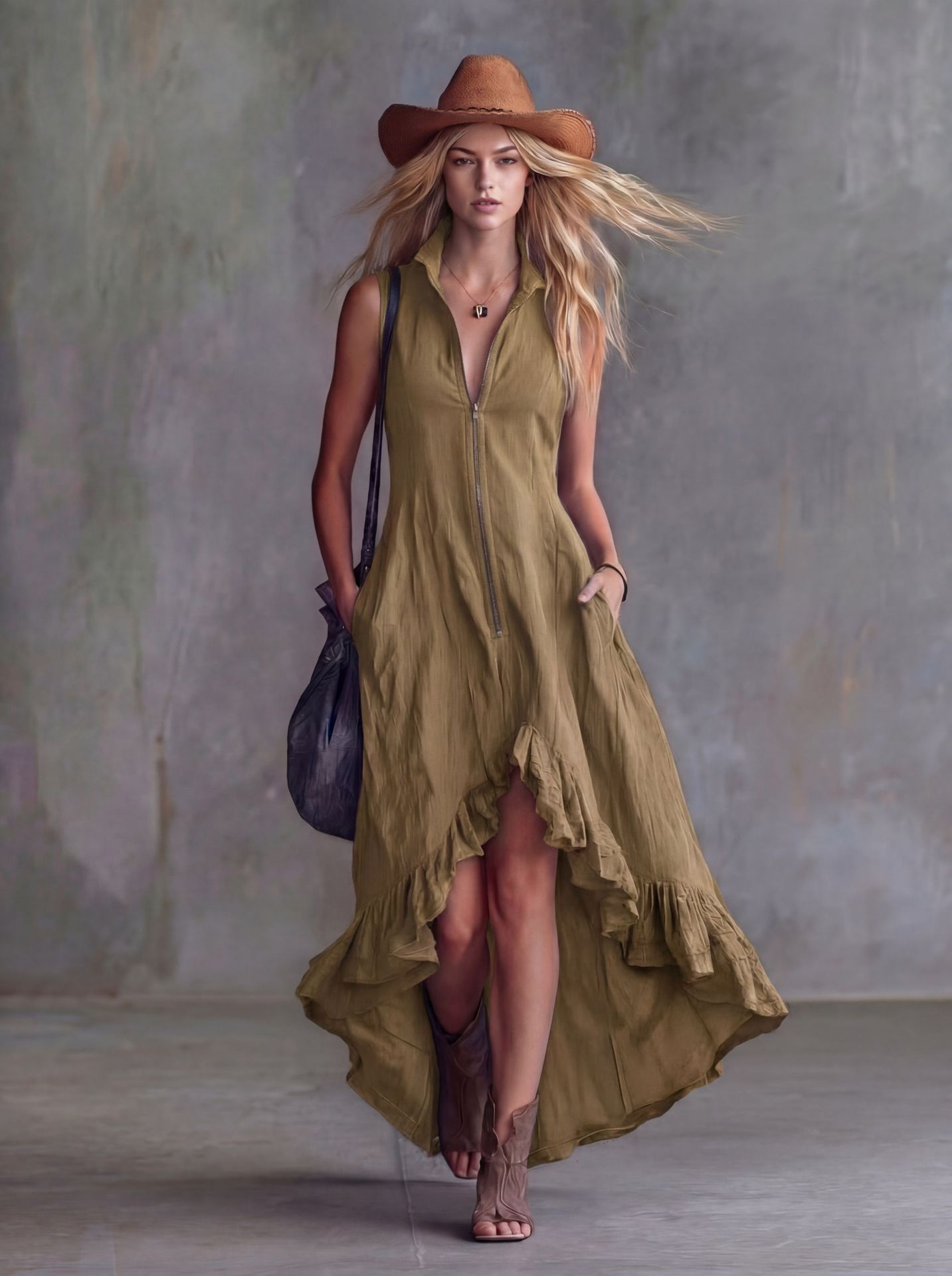 Casual Lapel Collar Front Zipper Ruffled Hem Dress