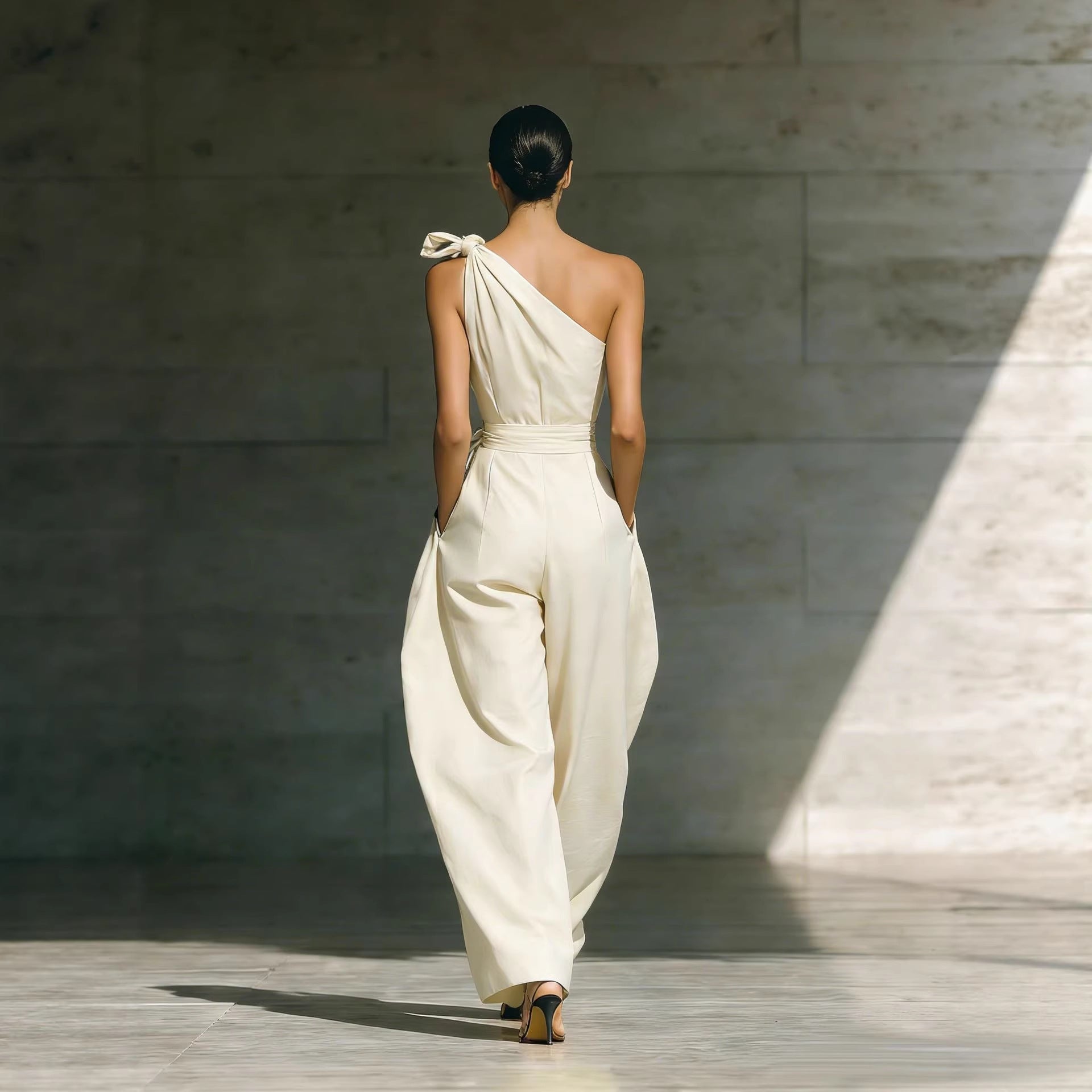 Loose-fitting Sleeveless Off-shoulder Belted Jumpsuit