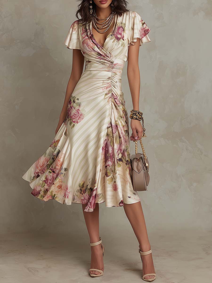 Printed V-neck Defined Waistline Ruffled Hem Dress