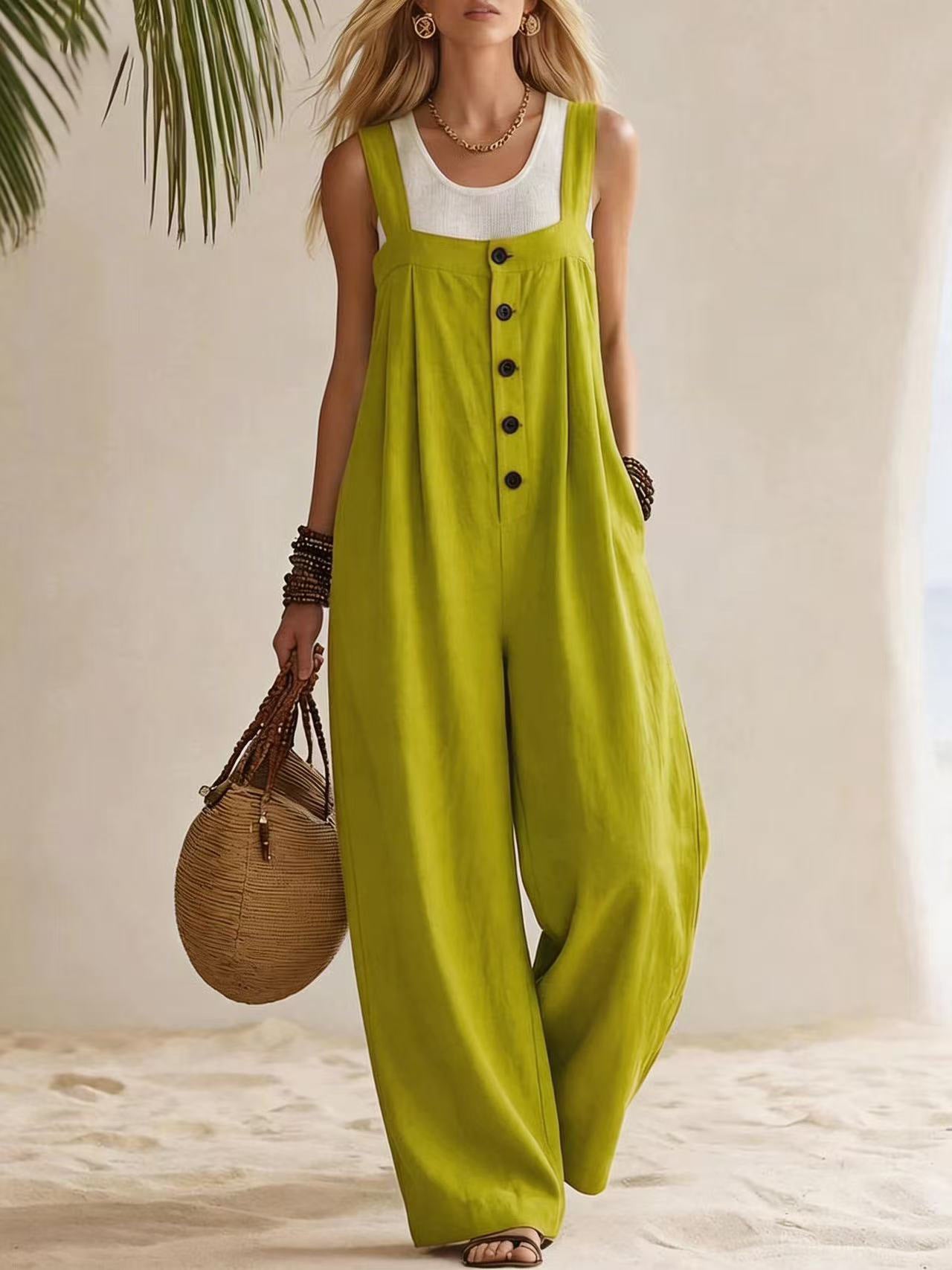 Women's Casual Fashion Bohemian Style Suspender Jumpsuit With Buttons