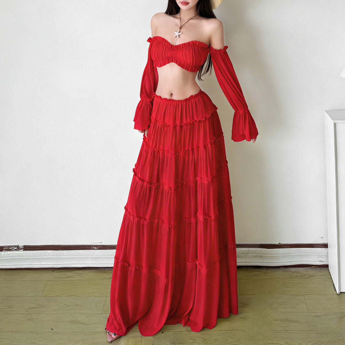 Spring Off Shoulder Long Sleeve Top And Midi Skirt Two Piece Set