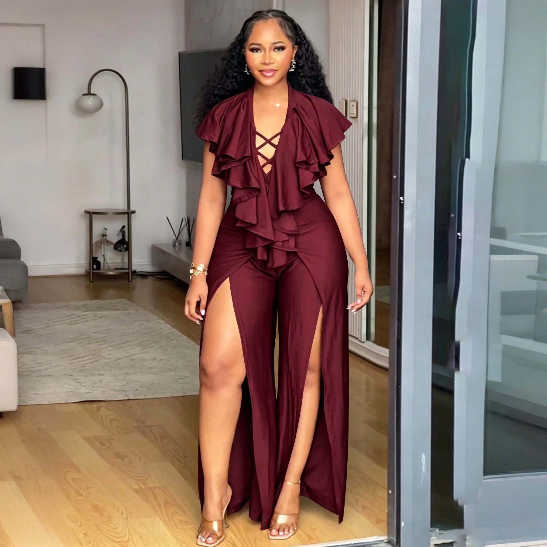 Womens Summer Ruffle-trimmed Wide-leg Split Jumpsuit