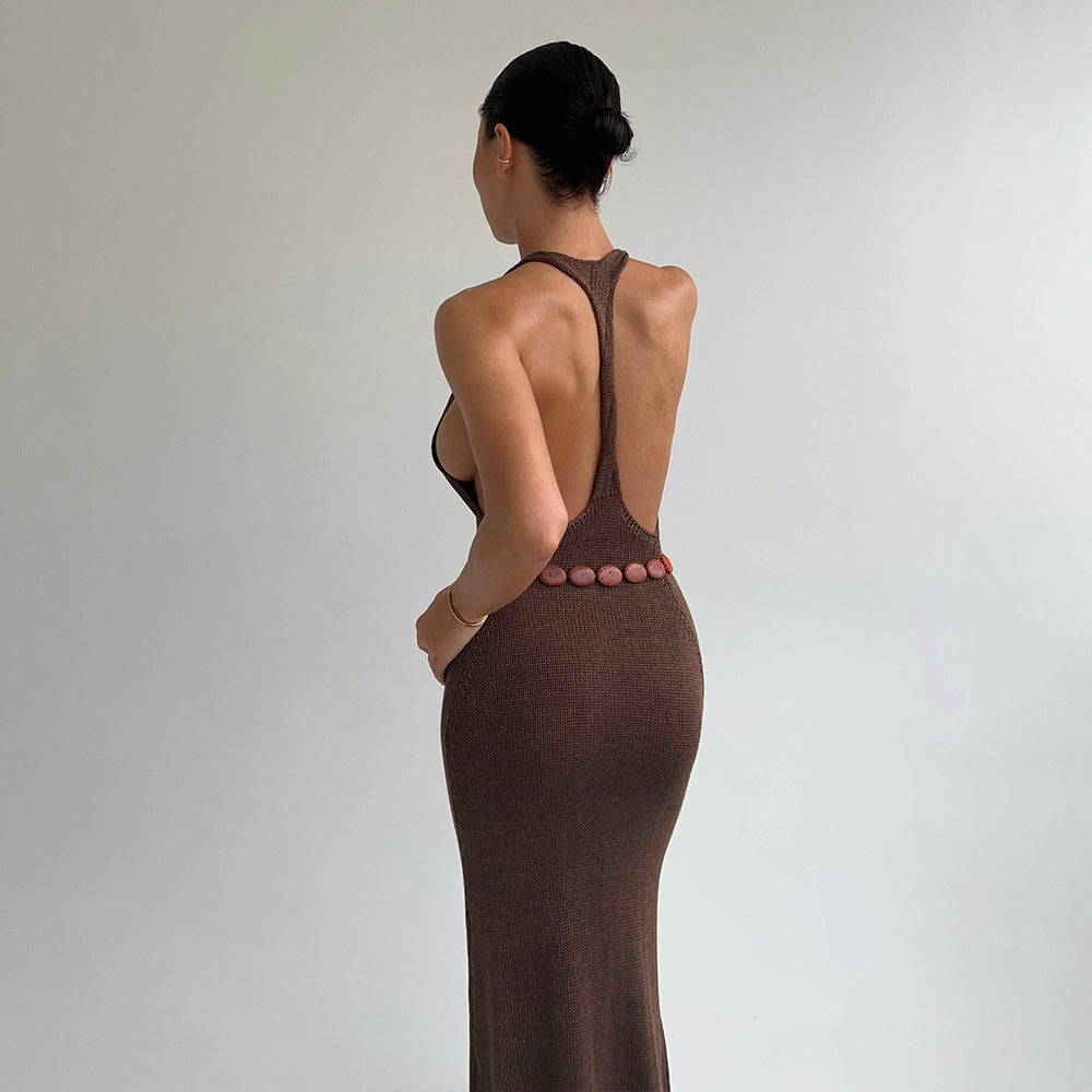 Women's Sleeveless Sheath Fishtail Dress T-Strap Back Dress