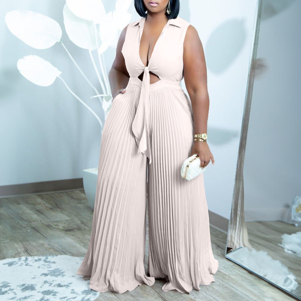 Womens V-neck Sleeveless Turn-down Collar Printed Loose Wide-leg Jumpsuit