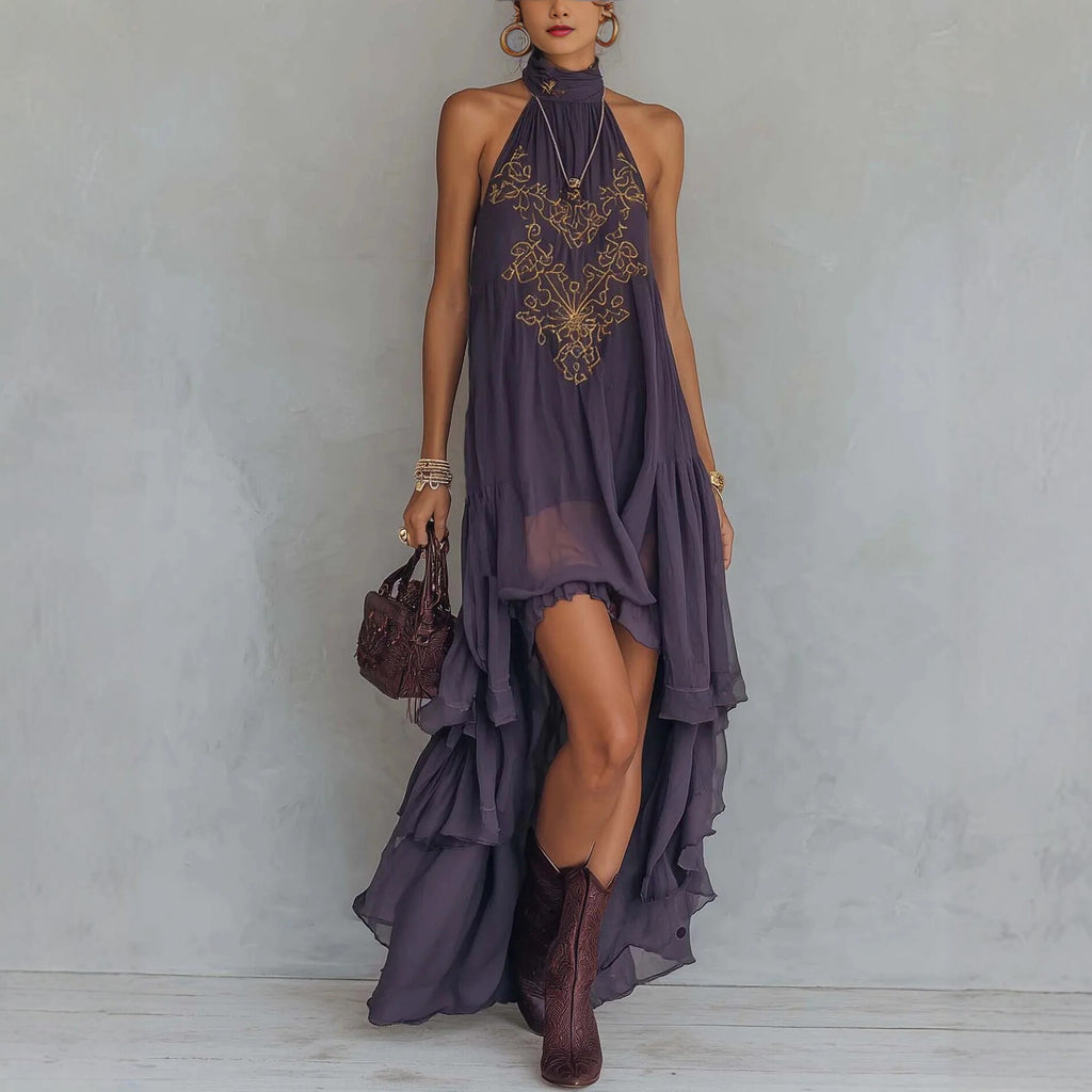 Purple Embroidered High-Neck Sleeveless Ruffle Hem Maxi Dress