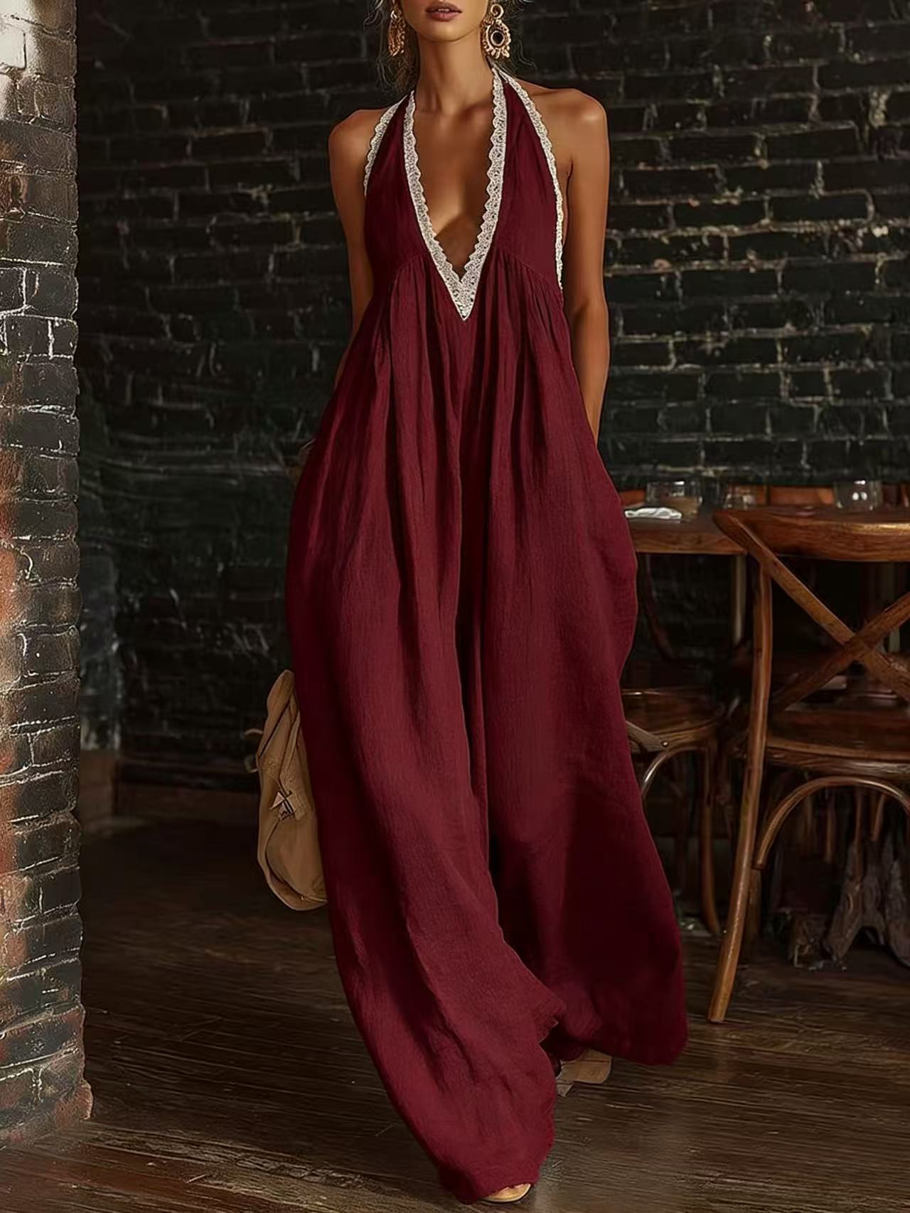 Casual And Comfortable Lace-trimmed Loose Linen Jumpsuit