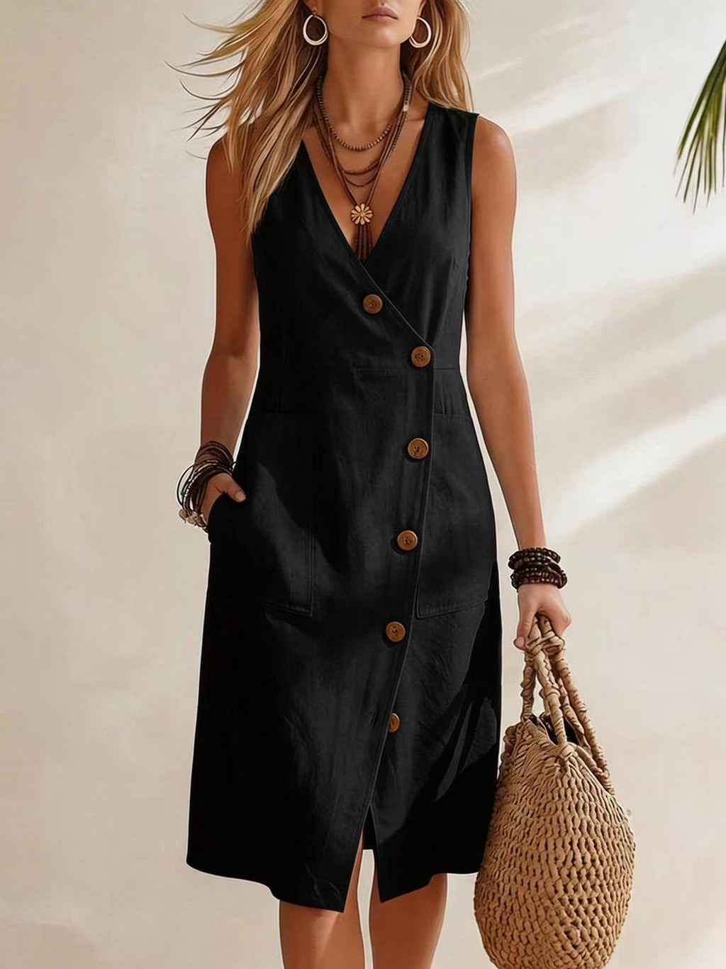 Resort-style V-neck Sleeveless Asymmetrical-button Midi Dress