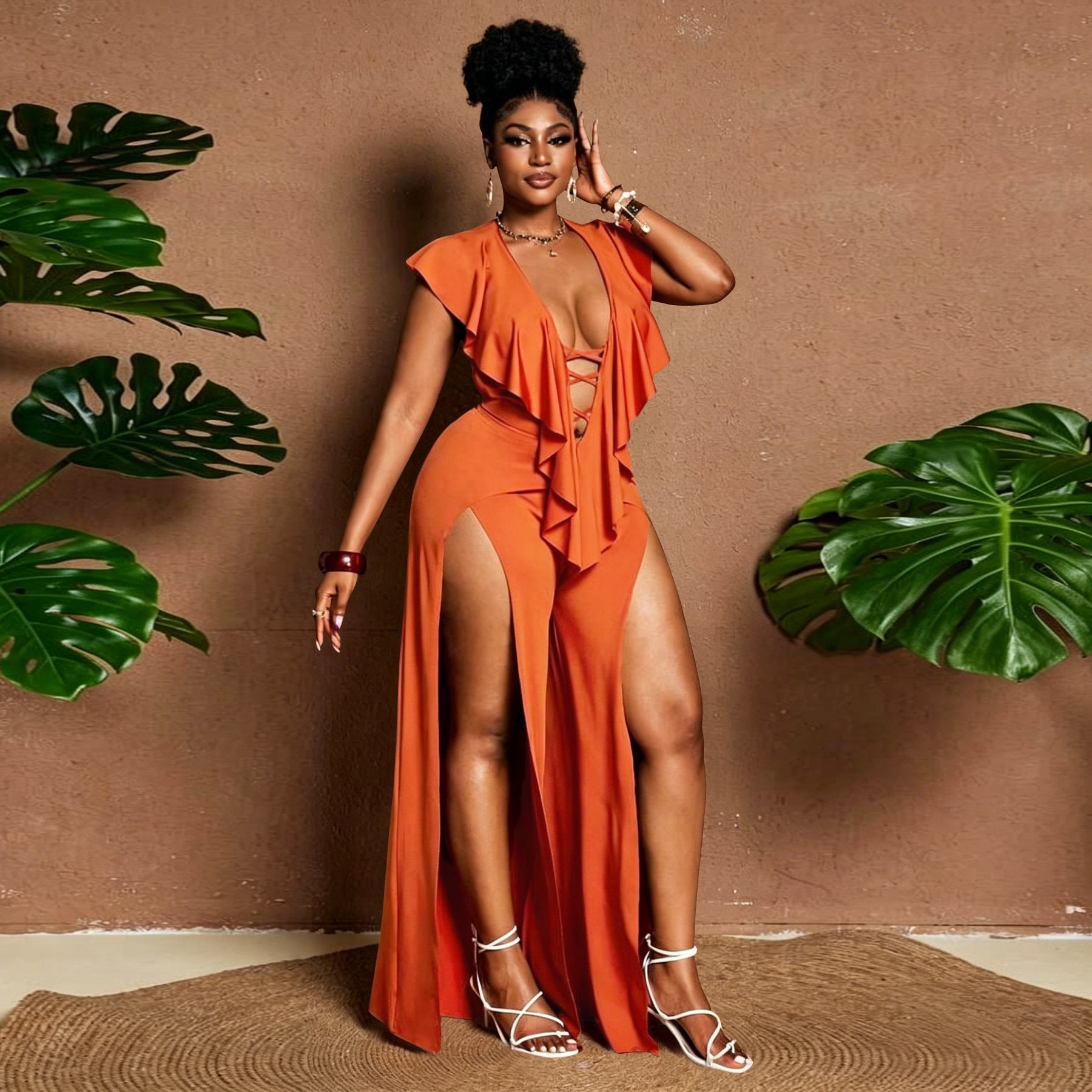 Womens Summer Ruffle-trimmed Wide-leg Split Jumpsuit