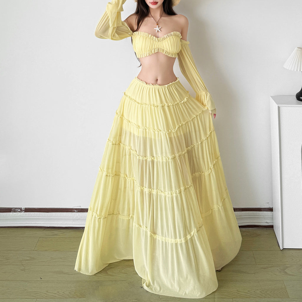 Spring Off Shoulder Long Sleeve Top And Midi Skirt Two Piece Set