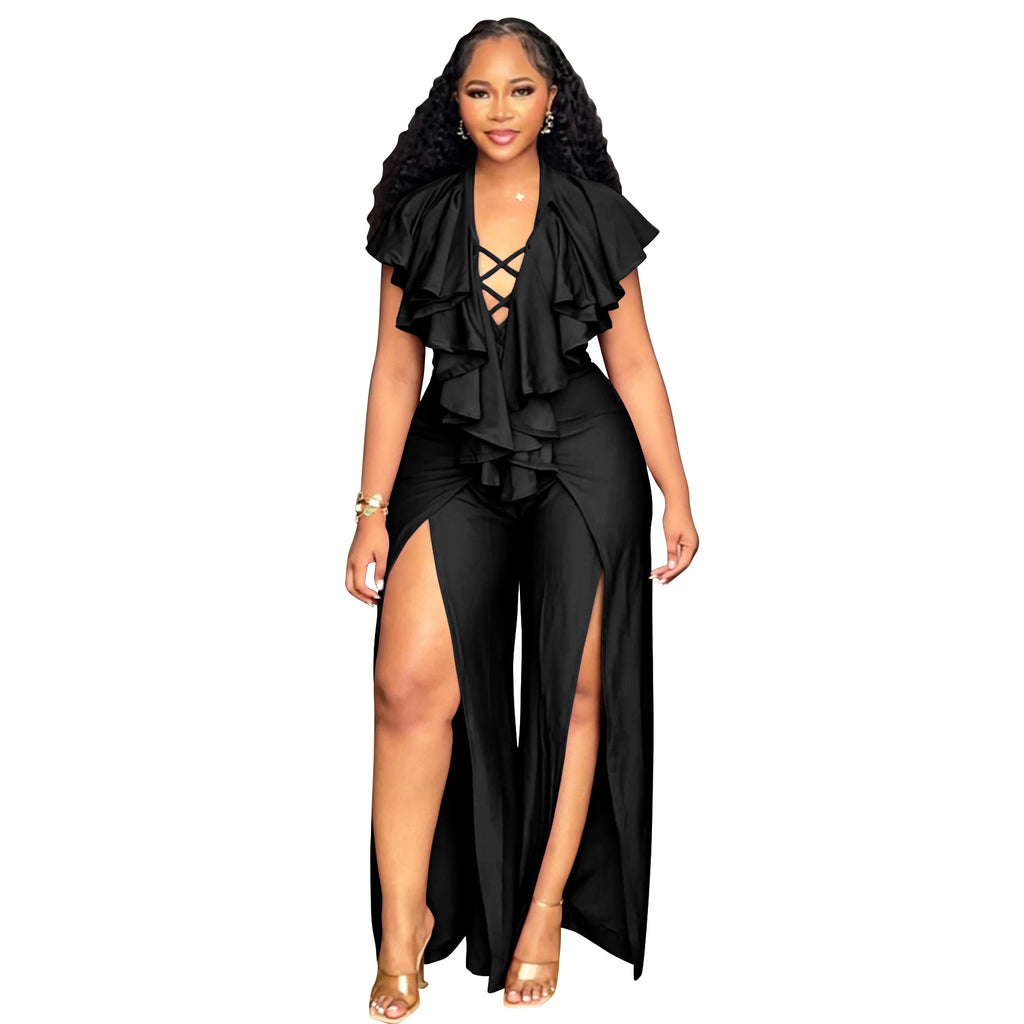 Womens Summer Ruffle-trimmed Wide-leg Split Jumpsuit