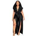 Womens Summer Ruffle-trimmed Wide-leg Split Jumpsuit