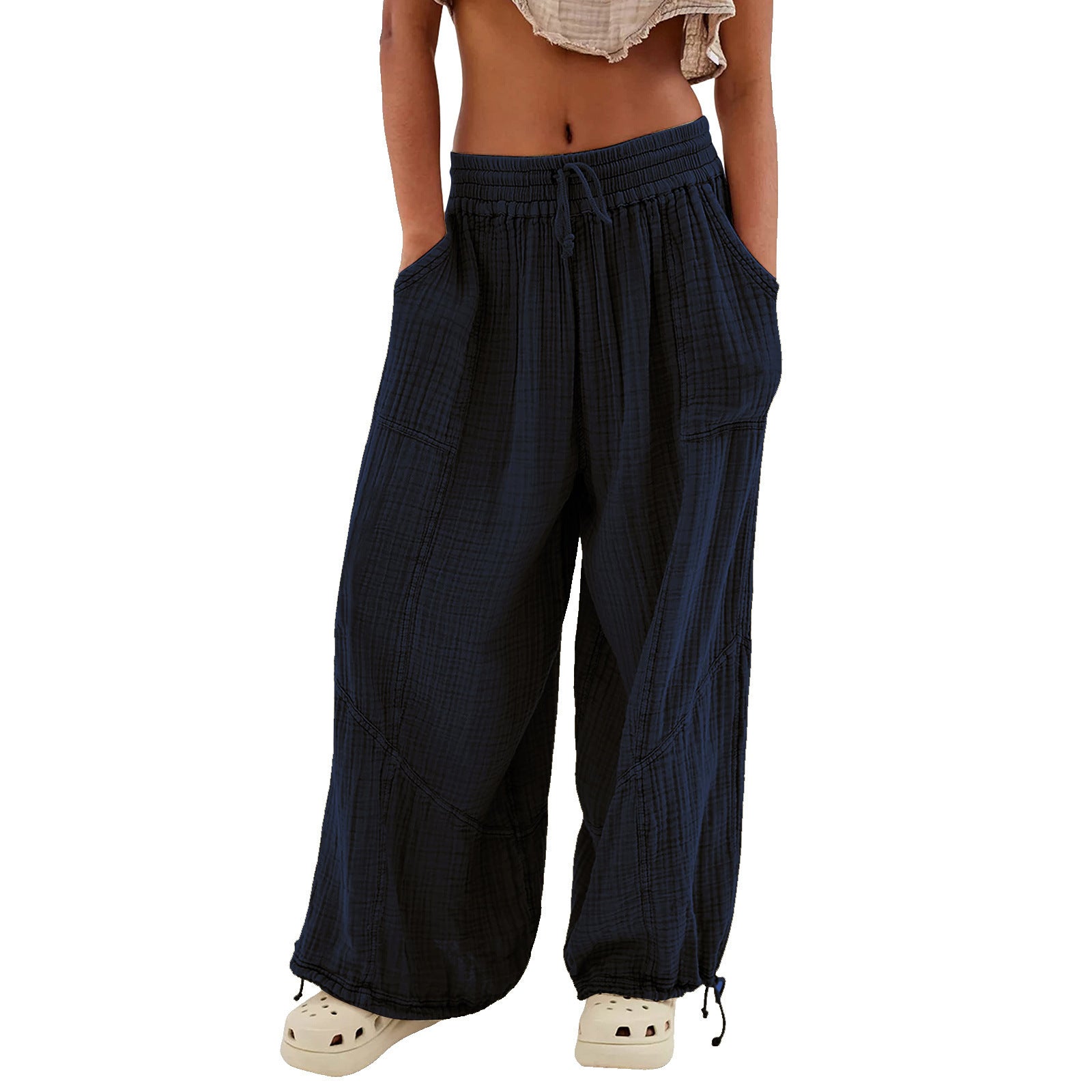 Fashionable Solid-Colored Wide-Leg Pants With Ties And Pockets Long Pants
