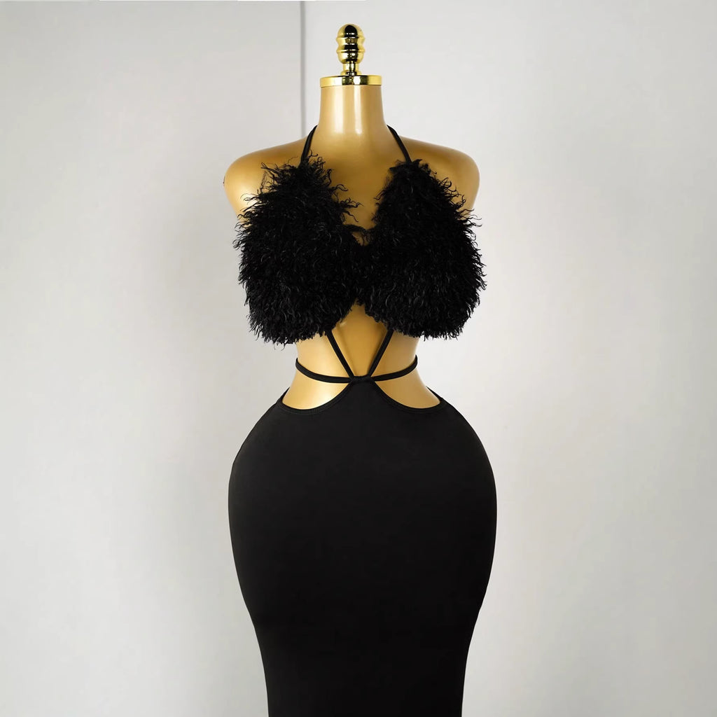 Neck-hanging Fashion Fluffy Patchwork Tube Deep-V Sexy Dress For Women