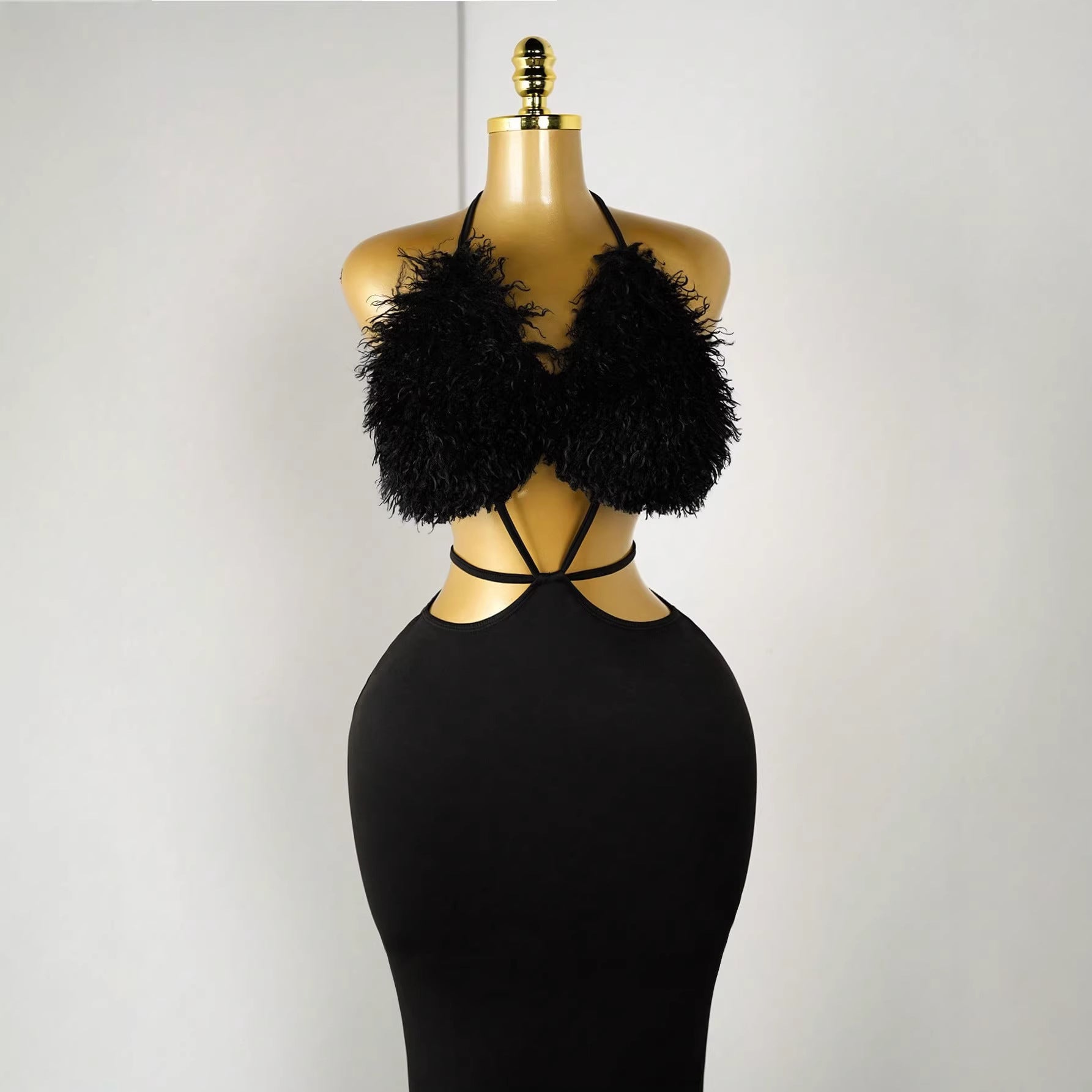 Neck-hanging Fashion Fluffy Patchwork Tube Deep-V Sexy Dress For Women