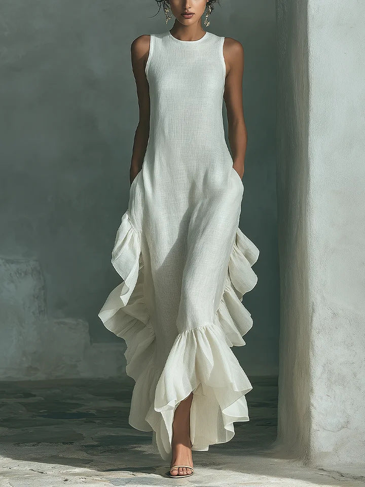 Womens Fashionable And Elegant Sleeveless Crew-Neck Dress With Ruffled Hem