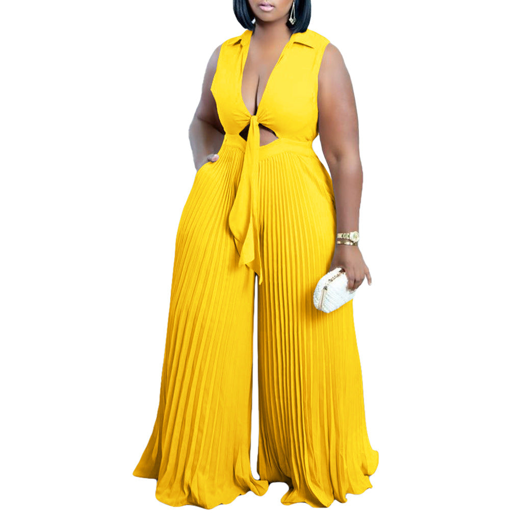 Womens V-neck Sleeveless Turn-down Collar Printed Loose Wide-leg Jumpsuit