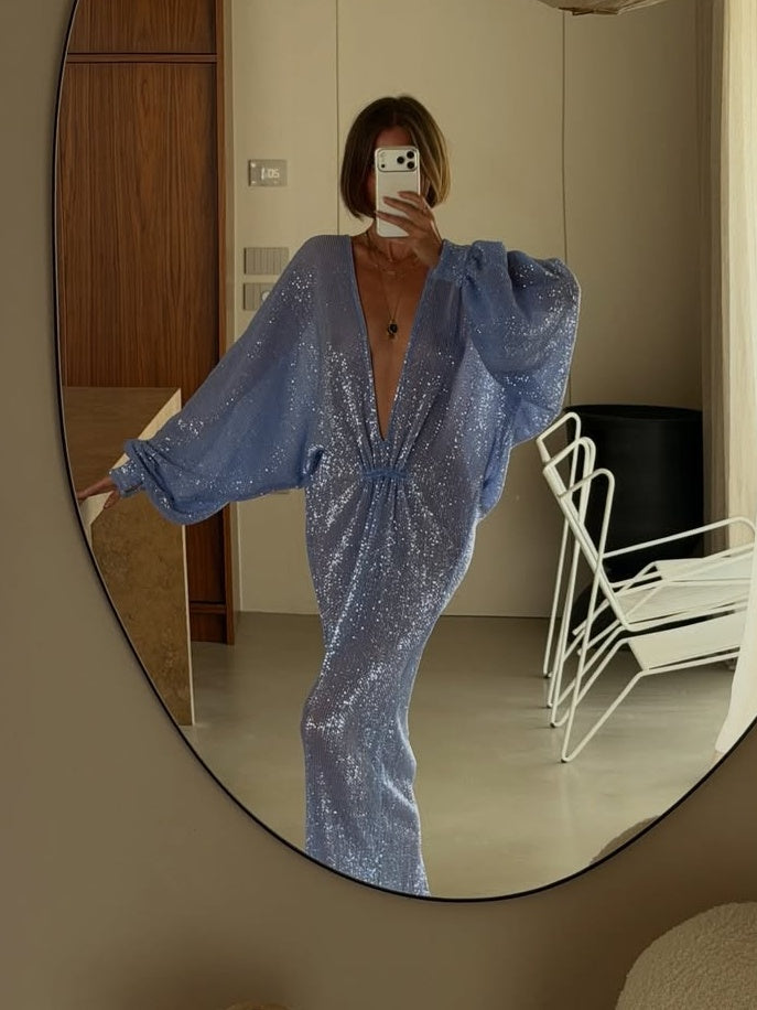Ice Blue Sequin Deep V Lantern Sleeve Maxi Dress