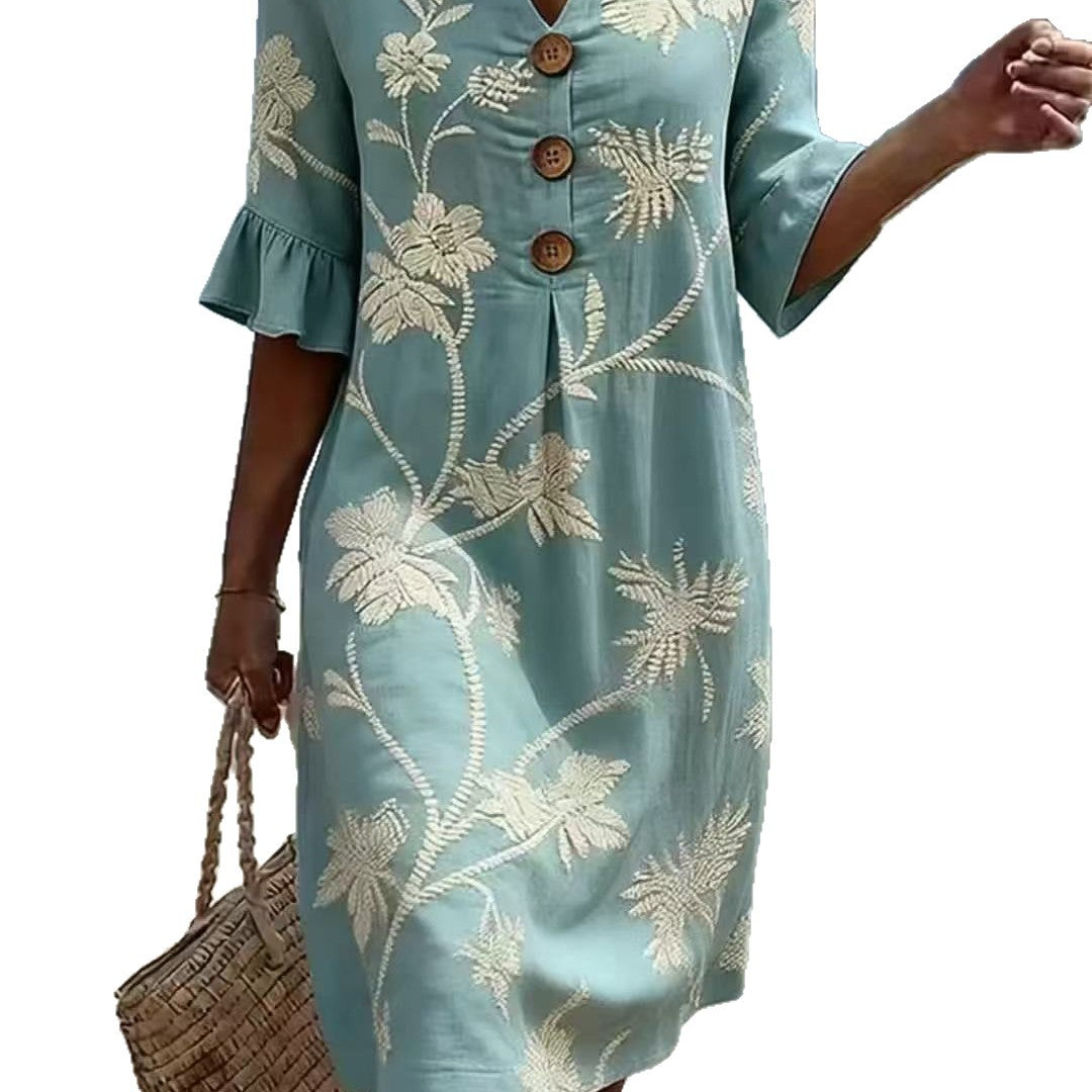 Resort Style V Neck Printed Loose Fitting Mid Sleeve Dress
