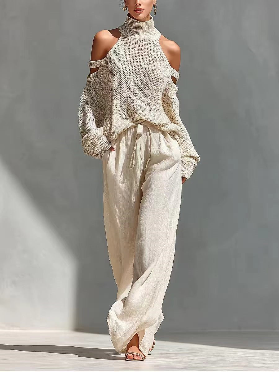 Womens Long-Sleeve Turtleneck Top And Pants Two-Piece Set