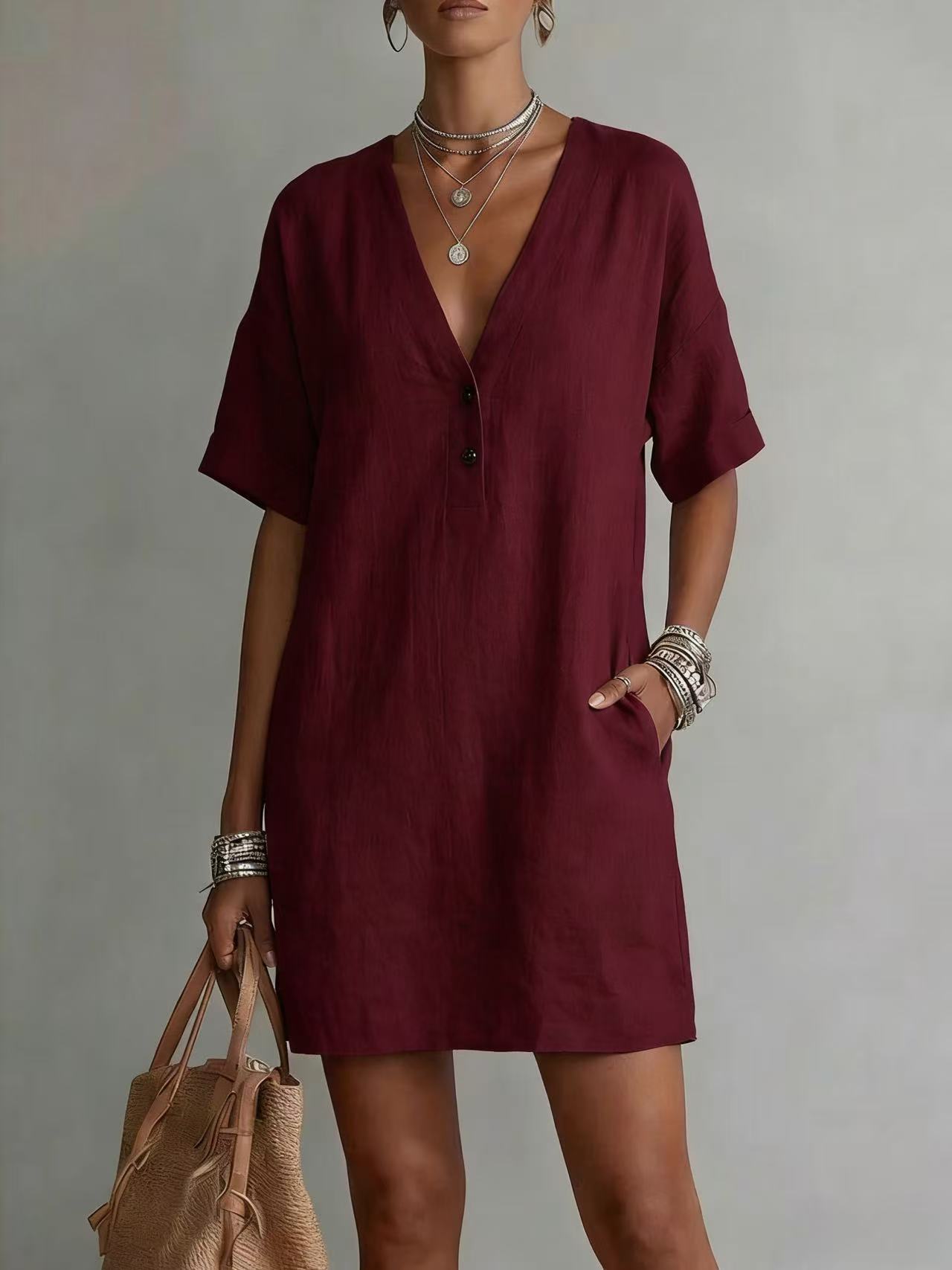 Casual Comfortable Cotton-Linen Pocket Dress With Buttons
