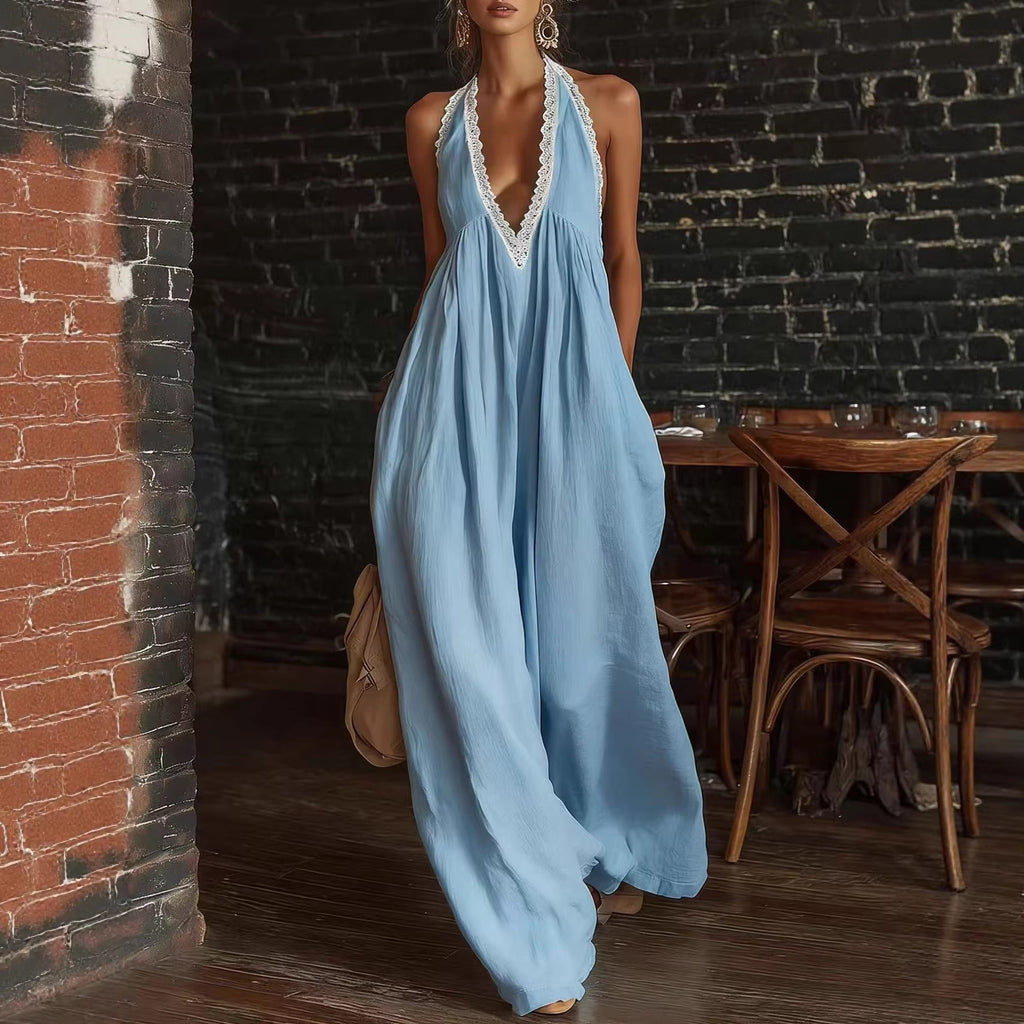 Casual And Comfortable Lace-trimmed Loose Linen Jumpsuit