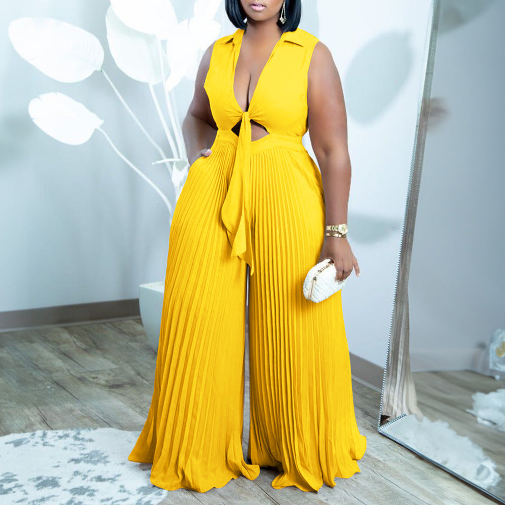 Womens V-neck Sleeveless Turn-down Collar Printed Loose Wide-leg Jumpsuit