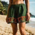 Women's Retro Vacation Floral Art Print Cotton And Linen Shorts