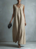 Women's Casual V-Neck Sleeveless Cotton-Linen Dress