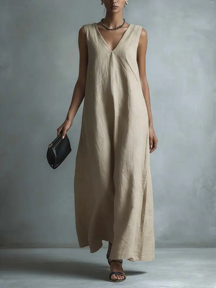 Women's Casual V-Neck Sleeveless Cotton-Linen Dress