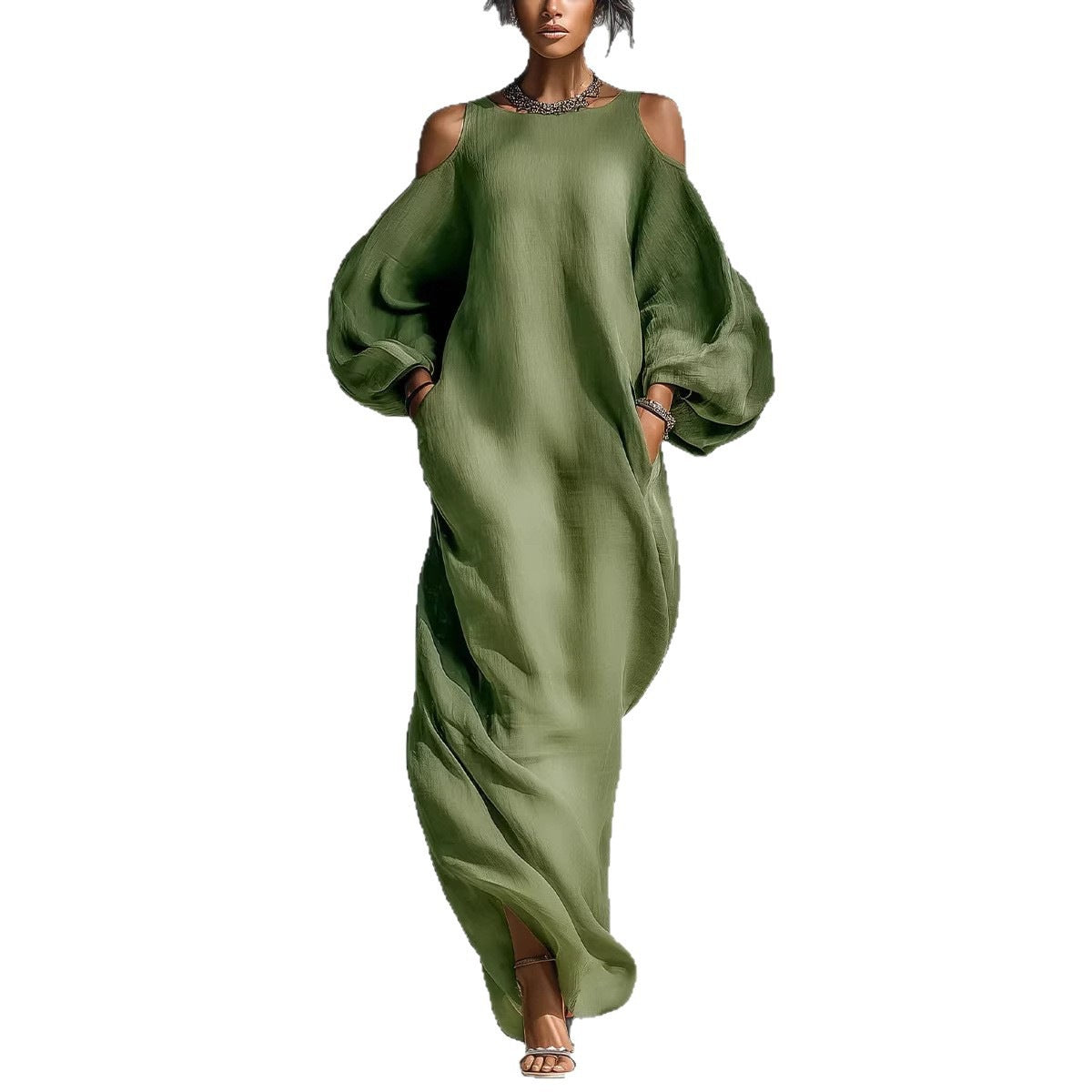 Womens Long-Sleeve Off-Shoulder Mid-Waist Dress