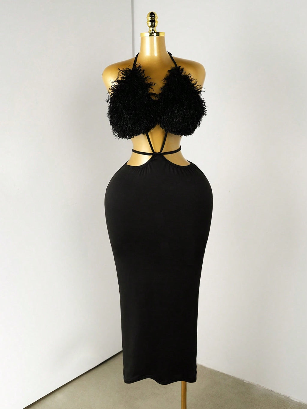 Neck-hanging Fashion Fluffy Patchwork Tube Deep-V Sexy Dress For Women
