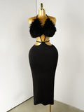 Neck-hanging Fashion Fluffy Patchwork Tube Deep-V Sexy Dress For Women