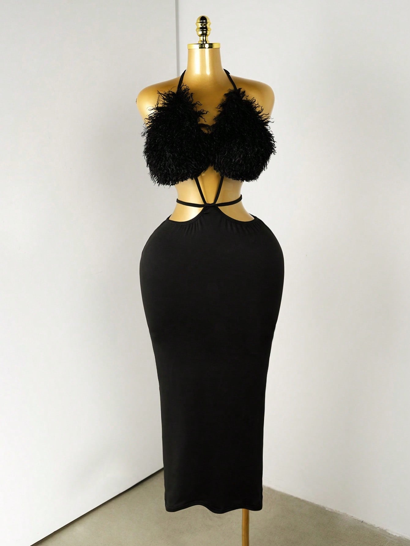 Neck-hanging Fashion Fluffy Patchwork Tube Deep-V Sexy Dress For Women
