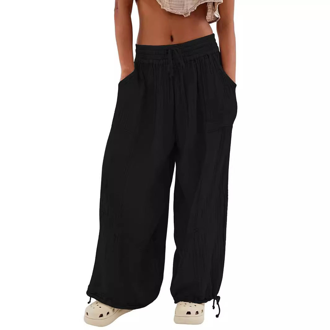Fashionable Solid-Colored Wide-Leg Pants With Ties And Pockets Long Pants