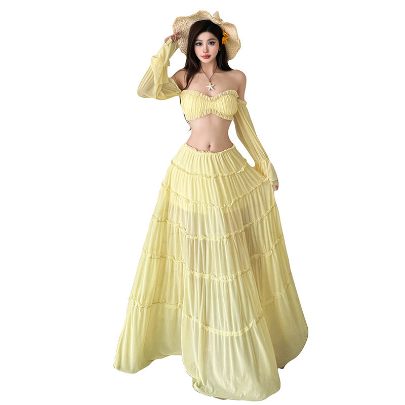 Spring Off Shoulder Long Sleeve Top And Midi Skirt Two Piece Set