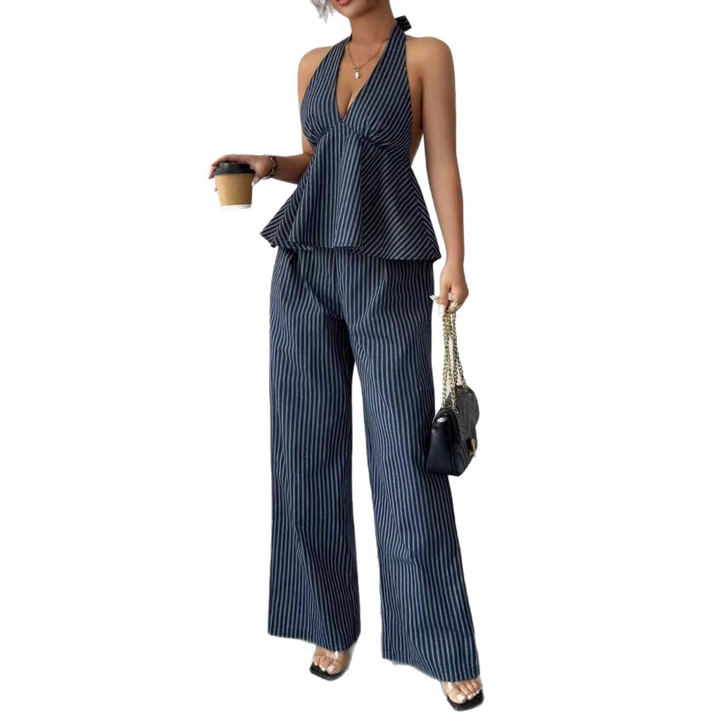 Sexy Backless Halter Jumpsuit And Straight Pants Fashionable Casual Set