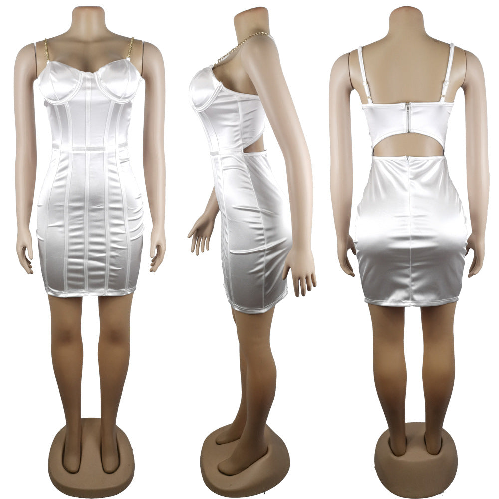 Satin dress with chain suspenders