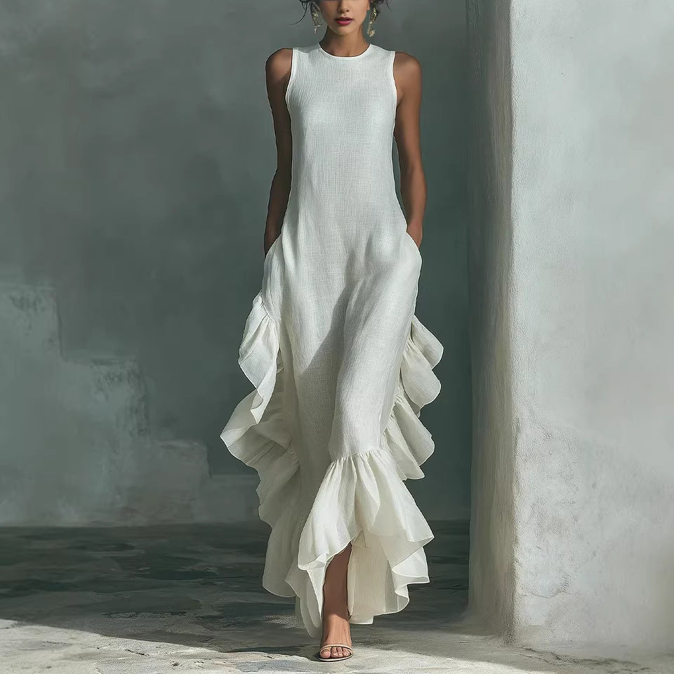 Womens Fashionable And Elegant Sleeveless Crew-Neck Dress With Ruffled Hem
