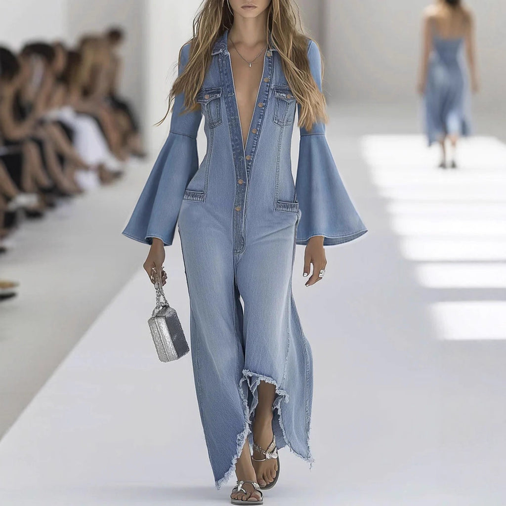 Women's Loose Solid Color Casual Single-breasted Denim Jumpsuit